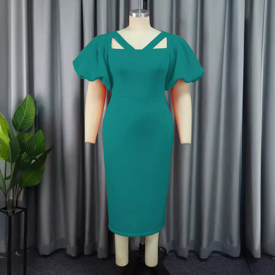 Damen Figurbetontes Kleid mit voluminösen Puffärmeln und innovativem Ausschnitt EB