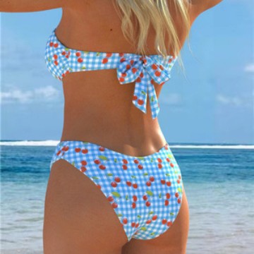 Damen Bandeau-Bikini mit verspieltem Karomuster und fruchtigem Print EB