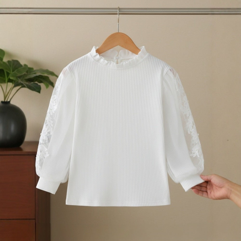 Mädchen Bluse mit Puffärmeln und floralem Spitzenbesatz EB