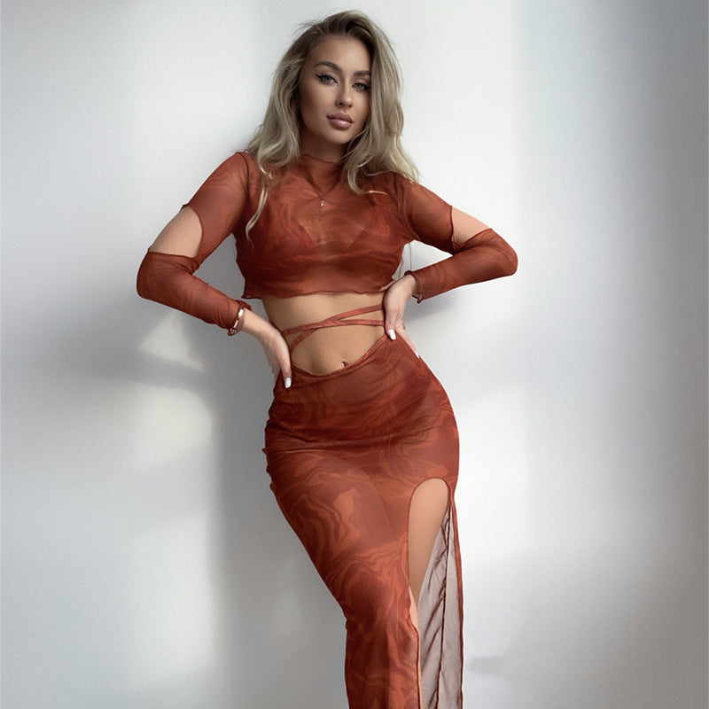 Damen Oberteil und Rock-Set mit transparentem Design und modernen Cut-Outs EB