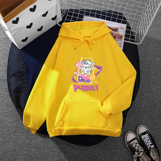 Damen nan oversized Kapuzenpullover im Streetstyle mit weichem Fleece-Innenfutter, Kängurutasche und farbenfrohem Cartoon-Katzen-Planet-Print EB
