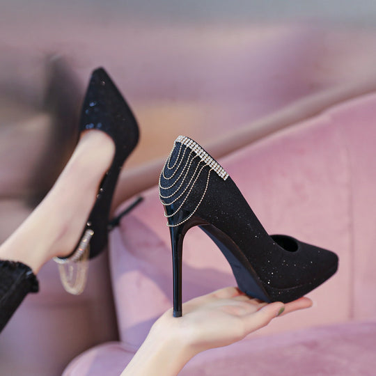 Damen nan elegante Abend-Pumps mit feinem Glitzermesh, spitzer Zehenpartie, filigranem Stilettoabsatz und dekorativer Fersenapplikation EB