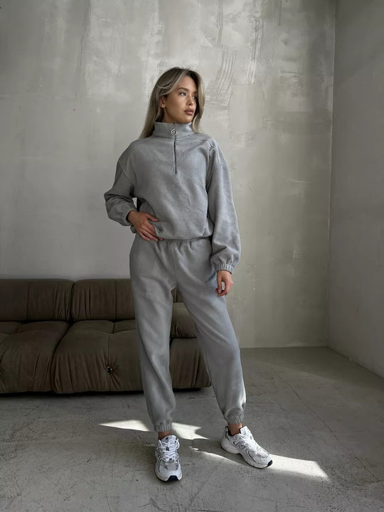 Damen lässiges Fleece-Jogginganzug Set mit Stehkragen und halbhohem Reißverschluss EB