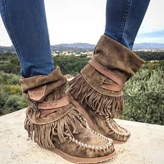 Damen nan Mokassin-Stiefelette mit Fransen, dekorativer Zierschnalle und handgenähter Mokassin-Naht EB
