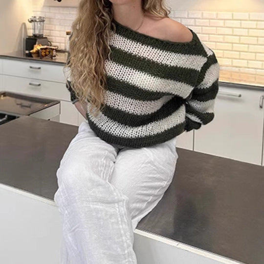 Damen Strickpullover mit breitem Streifenmuster und voluminösen Ärmeln EB