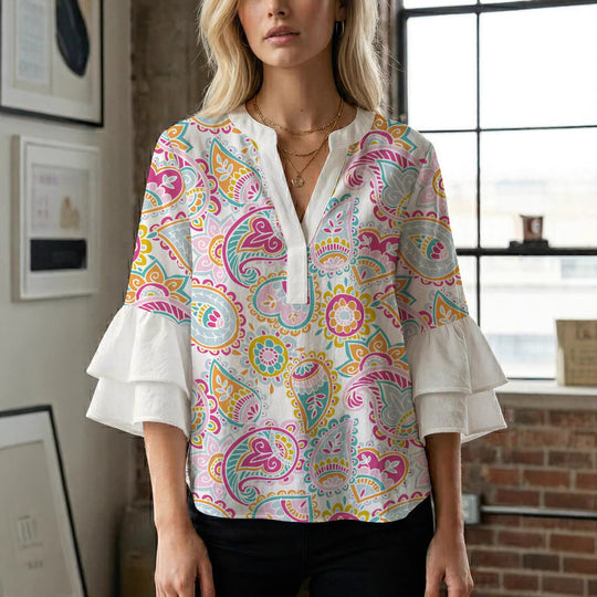Damen Bluse mit voluminösen Flügelärmel und intensivem Blattmuster EB