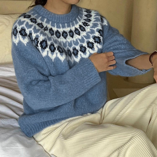 Damen Strickpullover mit traditionellem Norwegermuster EB