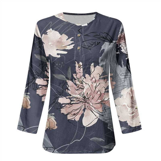 Damen Lange Ärmel Bluse mit Knopfleiste und Blumenmuster EB