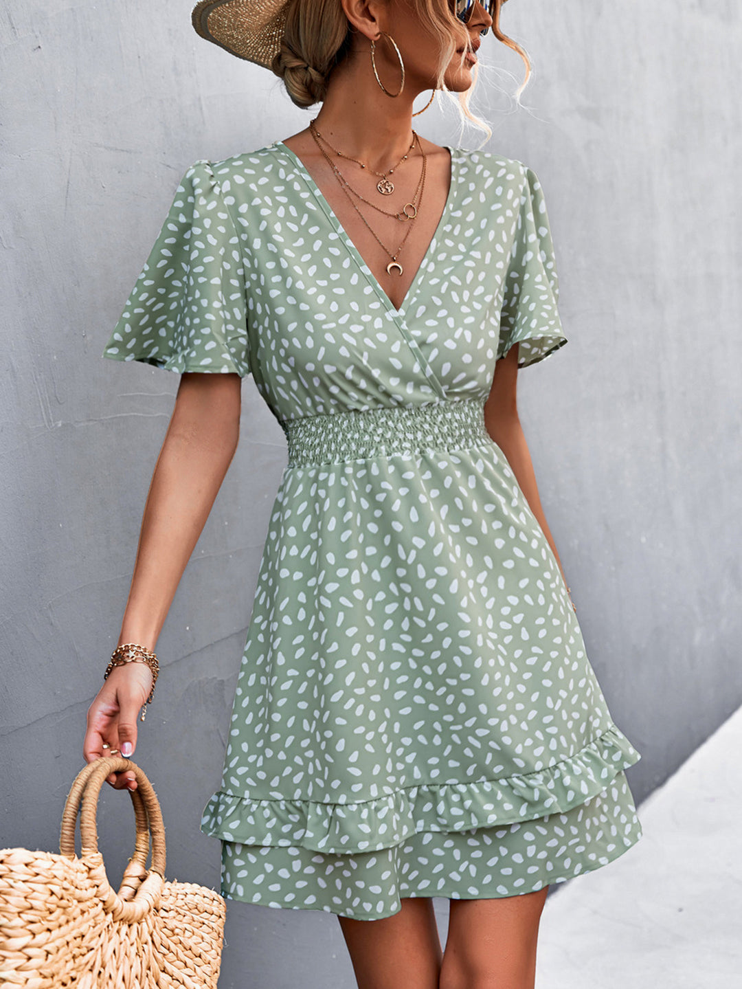 Damen Blümchen Minikleid mit Rüschen und elastischem Taillenbund EB