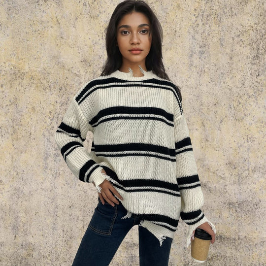 Damen Grob gestrickter Oversized Pullover mit Fransen und Querstreifen EB