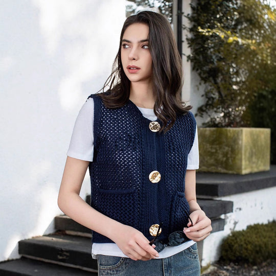 Damen Strickweste mit Taschen und dekorativen Knopfdetails EB