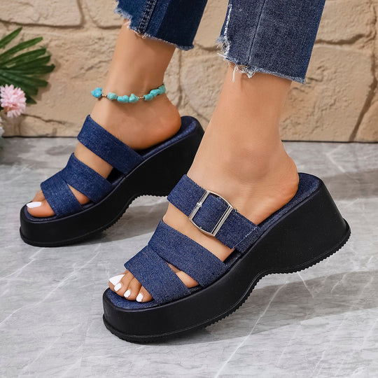 Damen Plateau-Pantoletten mit verstellbarem Riemendesign und modischem Denim-Obermaterial EB