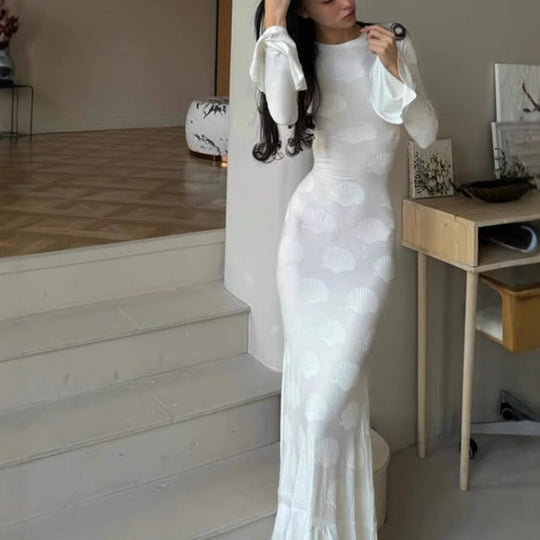 Damen figurbetontes Langkleid mit schickem Muschel-Design und elegantem Ärmelabschluss EB