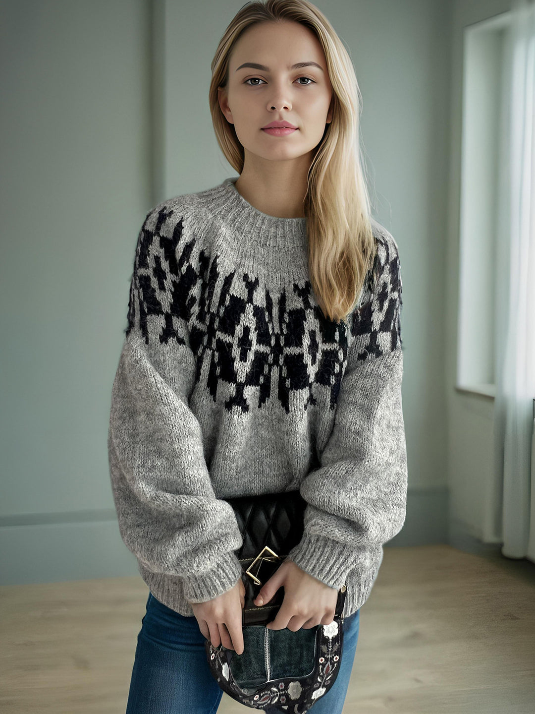Damen Strickpullover mit voluminösen Ärmeln und modernem Muster EB