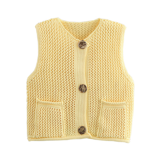 Damen Strickweste mit Taschen und dekorativen Knopfdetails EB