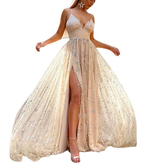 Damen Funkelndes Chiffon Abendkleid mit tiefem Schlitz und transparentem Rock EB