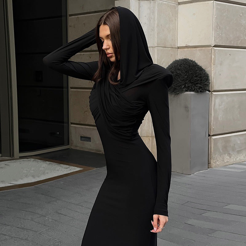 Damen elegantes Abendkleid mit Kapuze und figurbetonter Silhouette EB