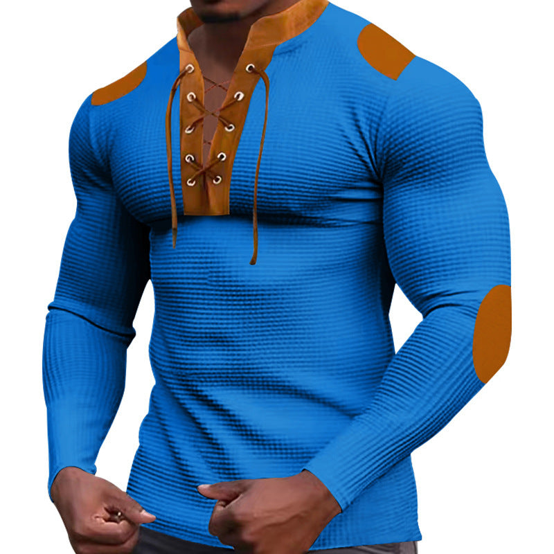 Herren Langarm-Henley-Shirt mit strukturiertem Gewebe und modischem Schnürdesign EB