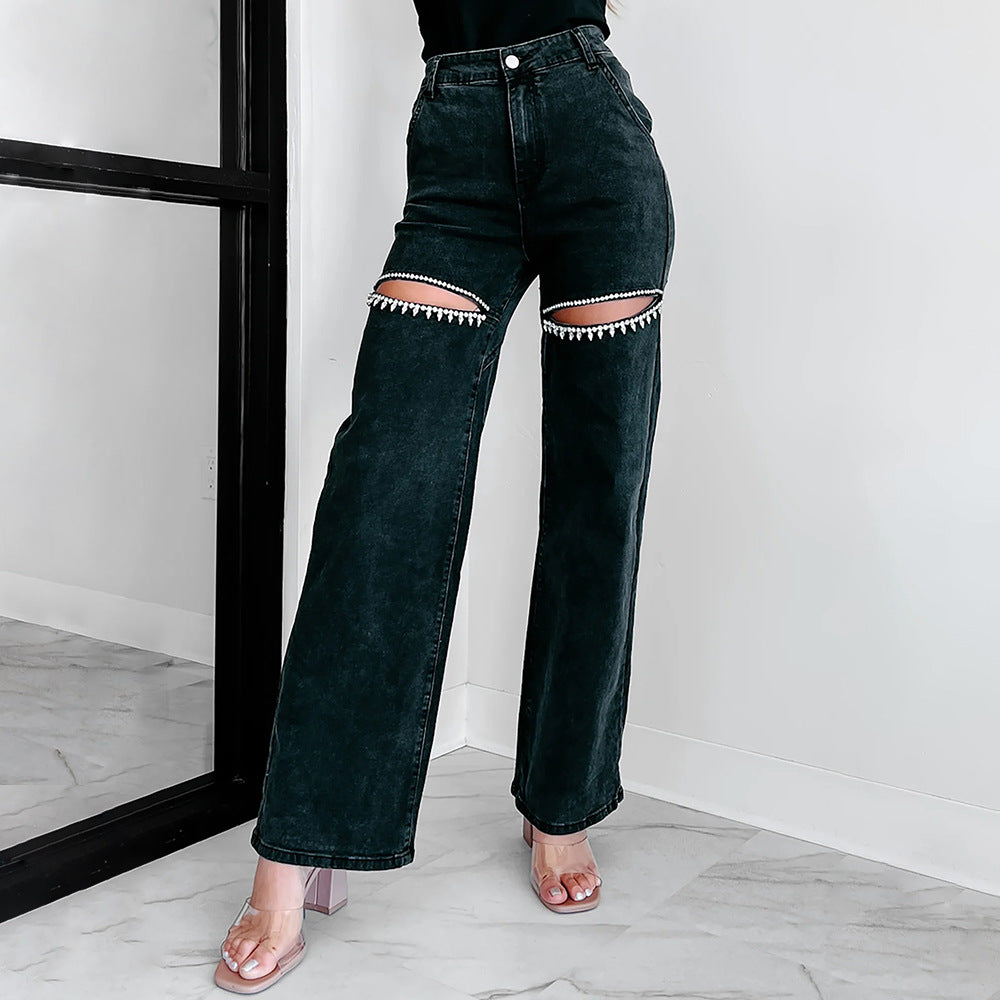 Damen Hochtaillierte Jeans mit durchbrochenem Design EB