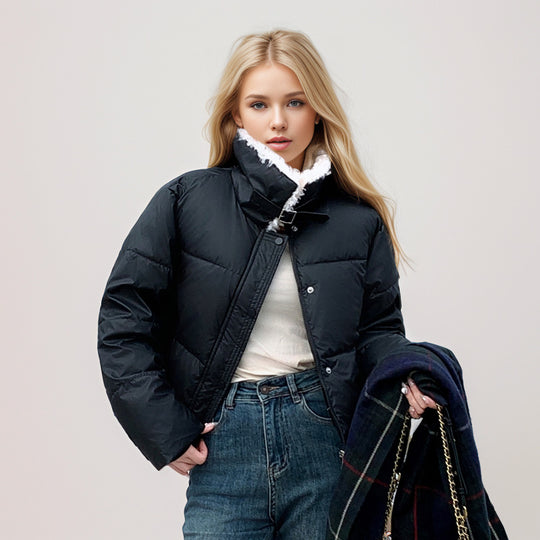 Damen kurze, gefütterte Winterjacke mit elegantem Kunstfellkragen EB