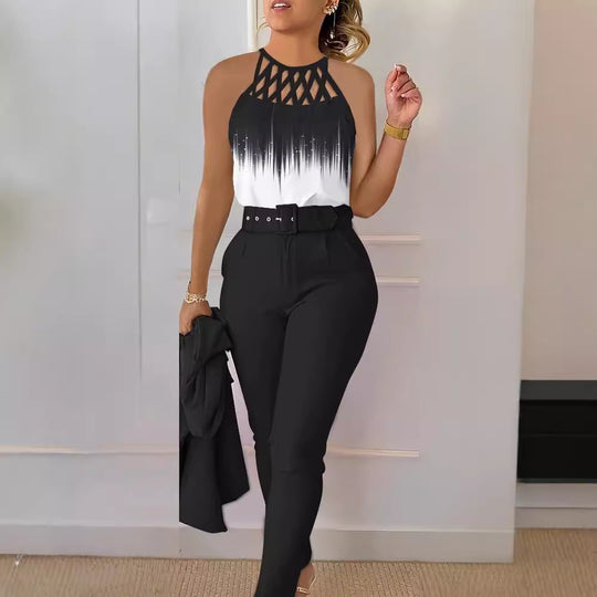 Damen Schicke Bluse mit Netzträgern und eleganter Hose EB