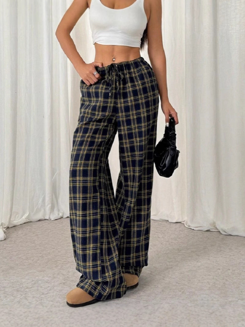 Damen Weit geschnittene Karohose mit elastischem Bund und praktischen Taschen EB