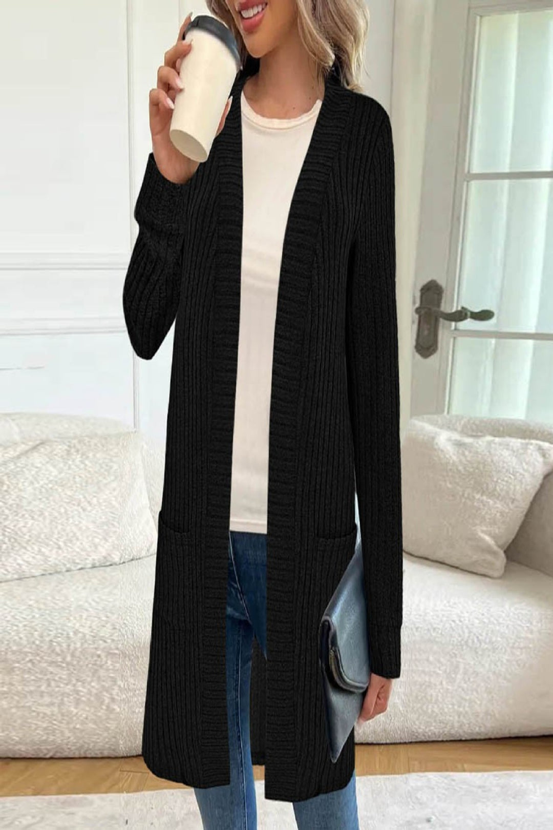 Damen Langstrickjacke mit seitlichen Taschen und strukturiertem Design EB