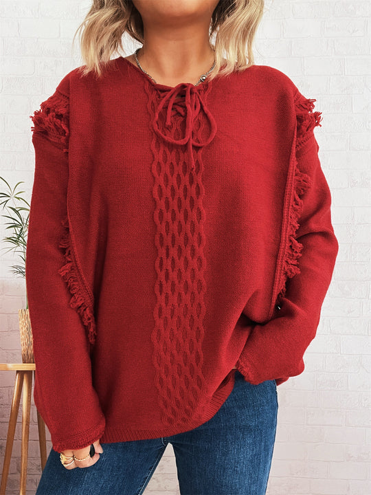 Damen Oversize-Strickpullover mit verspieltem Fransen-Design und Zopfmuster EB