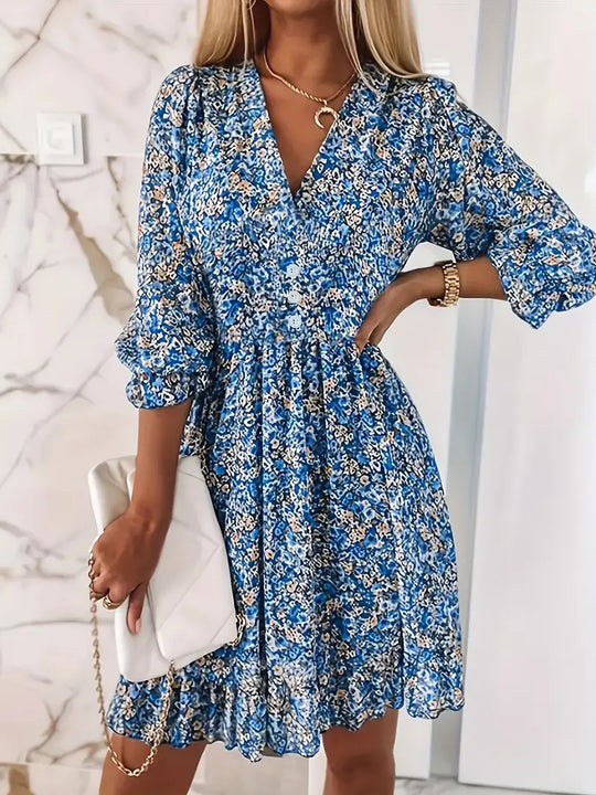 Damen Verspieltes und elegantes Minikleid mit tiefem V-Ausschnitt und Rüschendetails EB