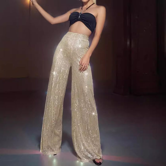 Damen Glamouröse Maxihose mit Glitzerstreifen und weitem Bein EB