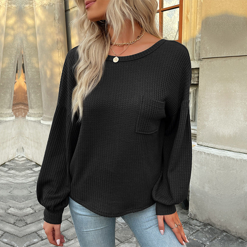 Damen Lässiger Langarmshirt mit strukturiertem Design und dekorativem Taschen EB