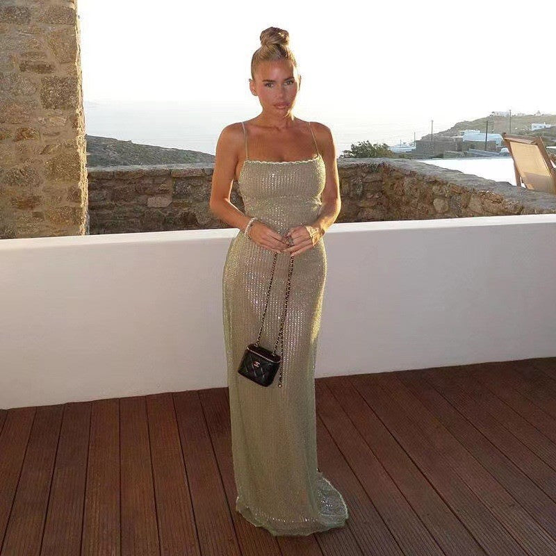 Damen Figurbetontes Maxikleid mit glitzerndem Effekt und schulterfreiem Design EB