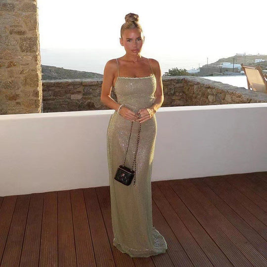 Damen Figurbetontes Maxikleid mit glitzerndem Effekt und schulterfreiem Design EB
