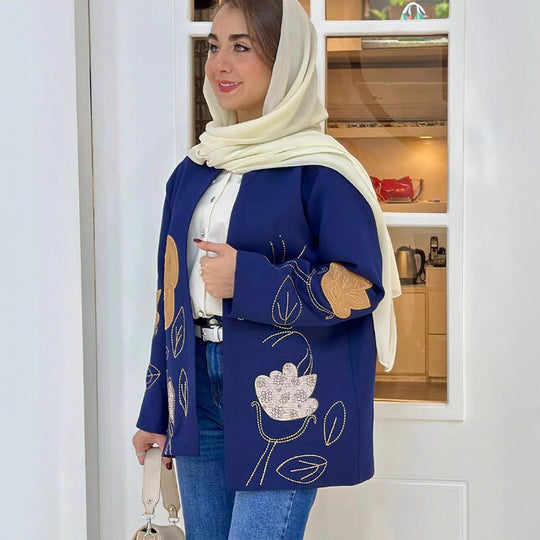 Damen modische Blazerjacke mit floralen Stickereien EB