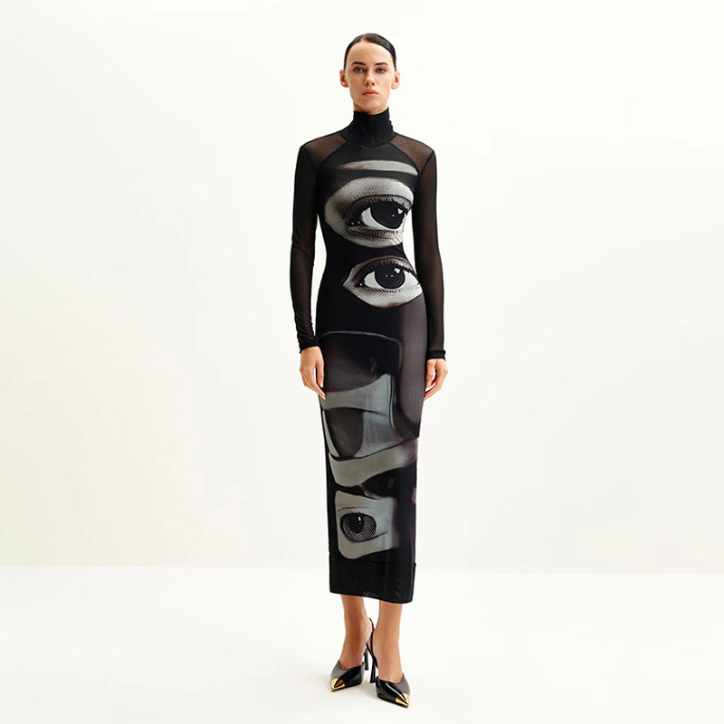 Damen Langarm Maxikleid mit grafischem Muster und hochgeschlossenem Kragen EB