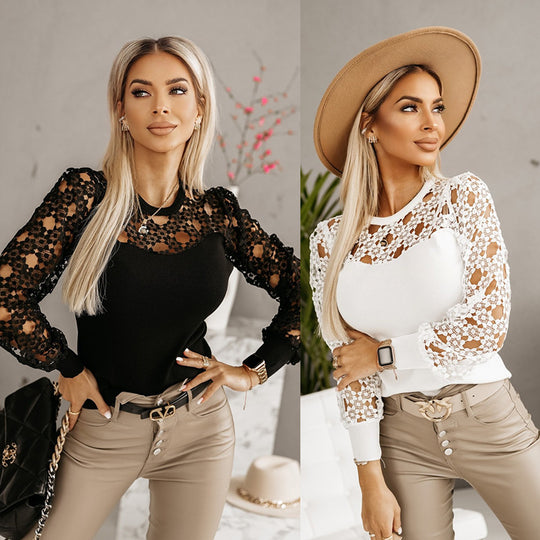 Damen Bluse mit eleganten Spitzenärmeln EB