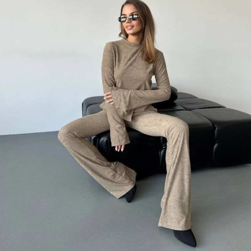 Damen lässiges Strickoberteil und Flared Hose Set EB