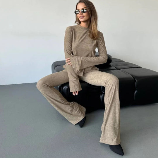 Damen lässiges Strickoberteil und Flared Hose Set EB