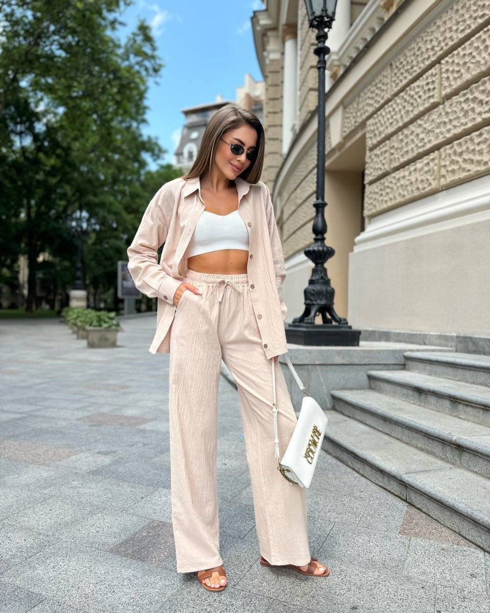 Damen Leichter Leinen-Zweiteiler mit oversized Hemd und High‑Waist Palazzohose EB