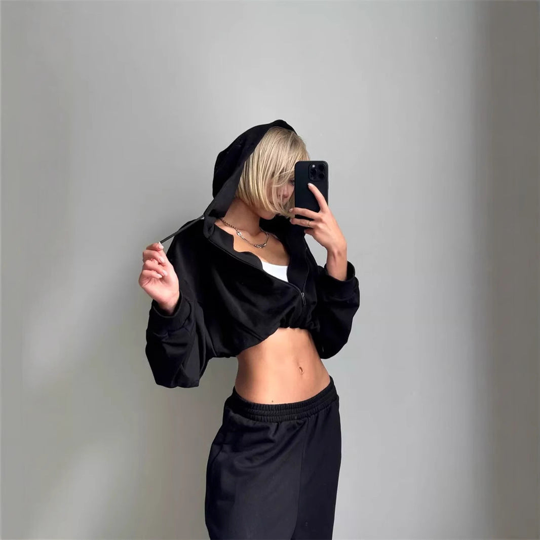 Damen nan kurz geschnittenes Zip-Hoodie und Highwaist Sweathose Lounge-Set mit Kapuze EB
