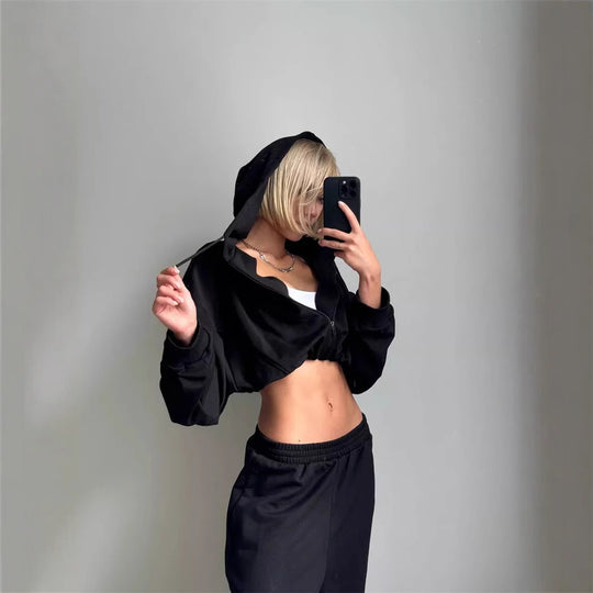 Damen nan kurz geschnittenes Zip-Hoodie und Highwaist Sweathose Lounge-Set mit Kapuze EB