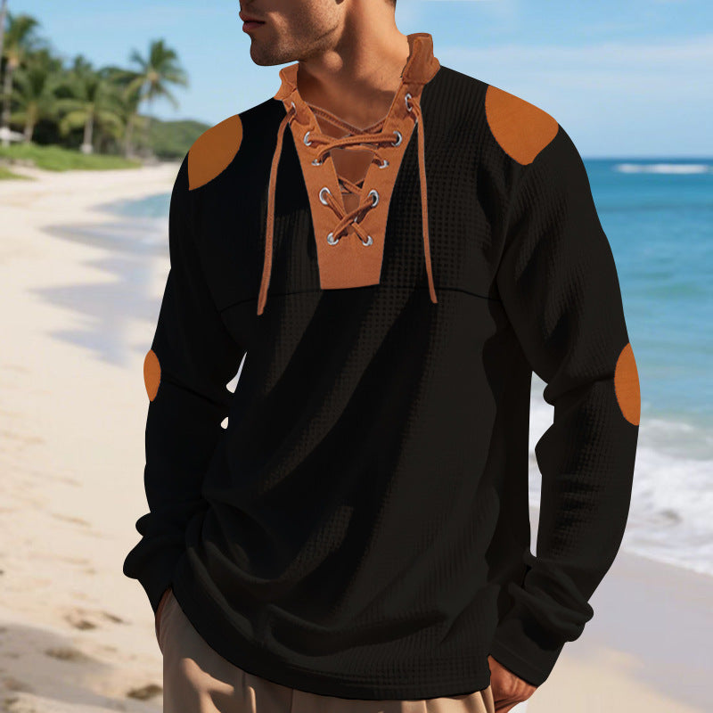 Herren lässiges Langarm-Henley-Shirt mit ausgefallenem Schnürdesign und kontrastrierenden Ellenbogen-Patches EB