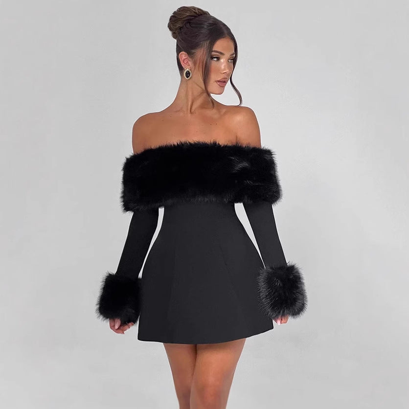 Damen Offshoulder-Kleid mit luxuriöser Futterverzierung und schwingendem Rock EB