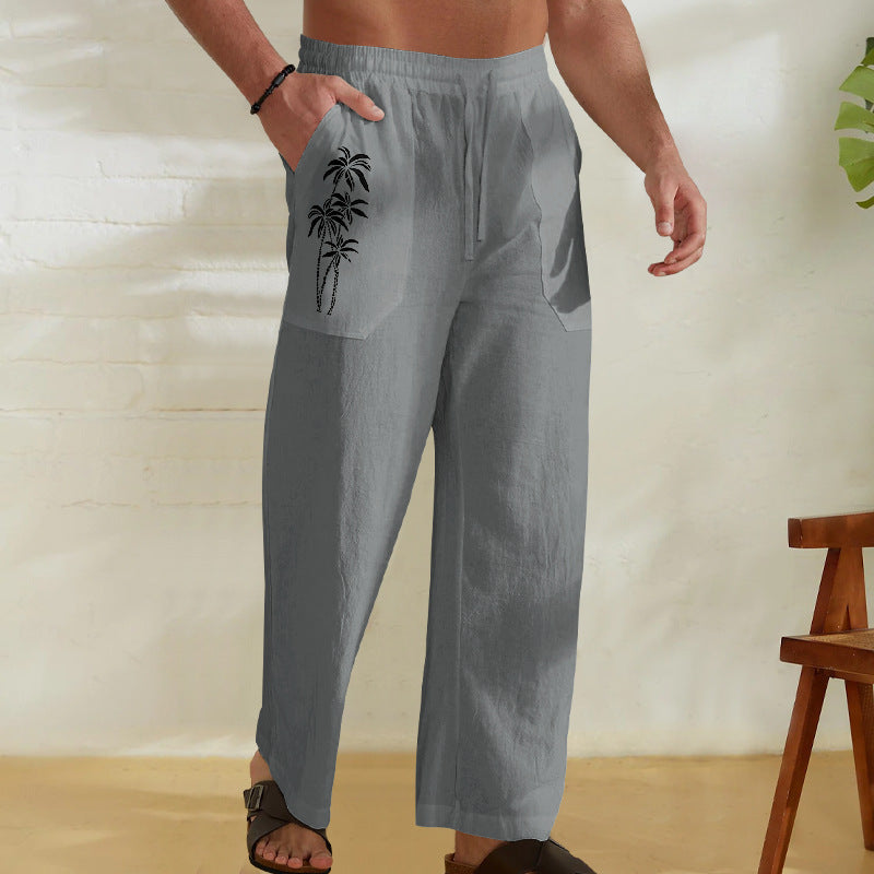 Herren Bequeme Leinenhose mit praktischem Kordelzug und Palmendruck EB