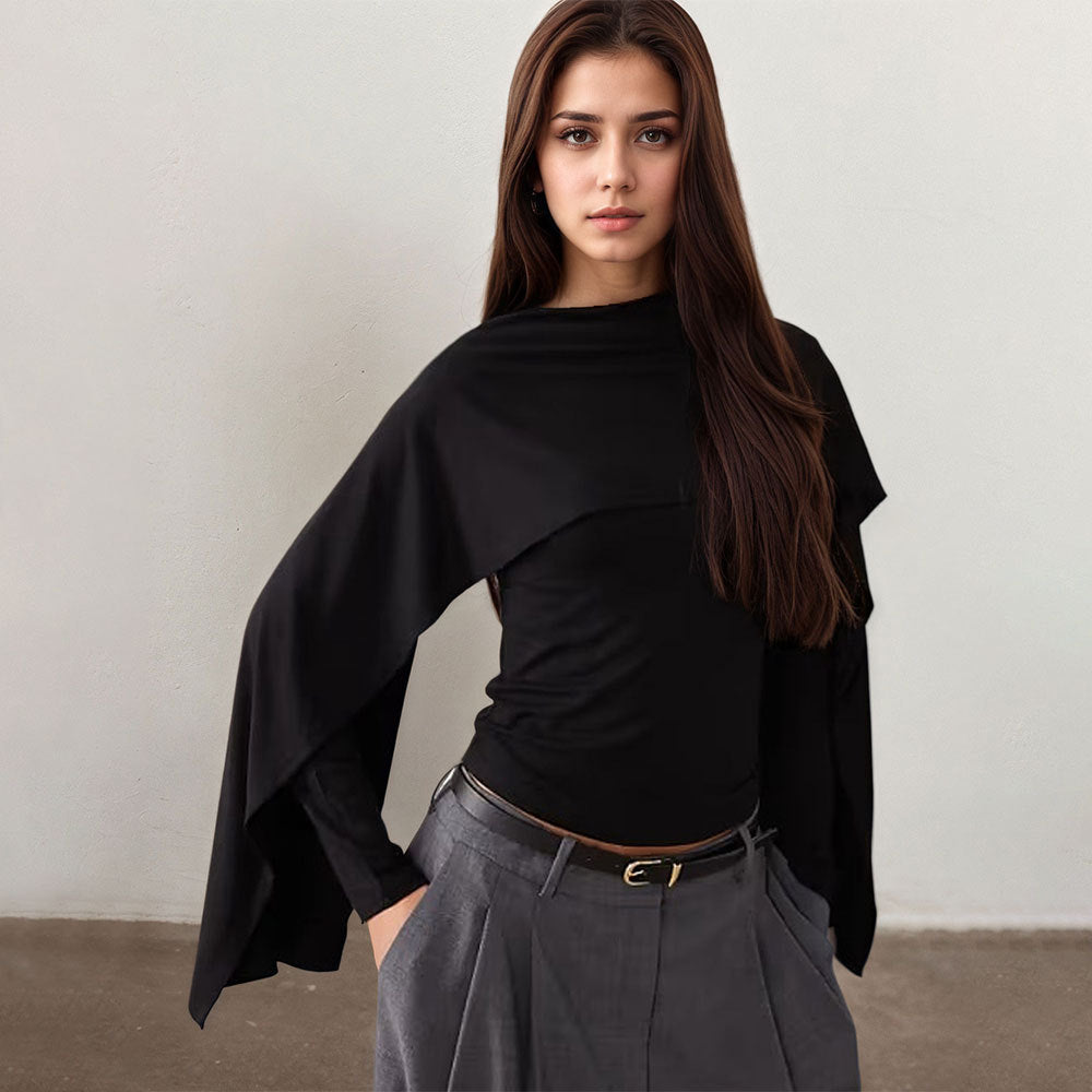 Damen asymmetrisches Cape-Longsleeve mit hohem Kragen und fließendem Overlay Eichborn Berlin