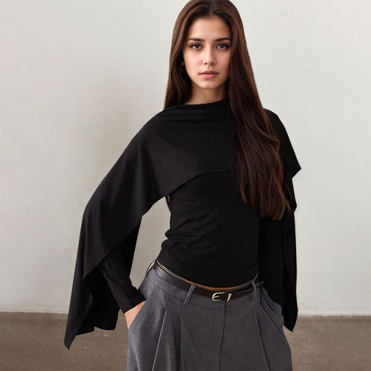 Damen asymmetrisches Cape-Longsleeve mit hohem Kragen und fließendem Overlay Eichborn Berlin