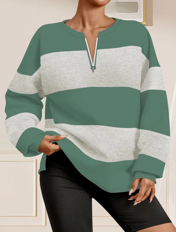 Damen modischer Sweatpullover mit Reißverschluss und gestreiftem Design EB