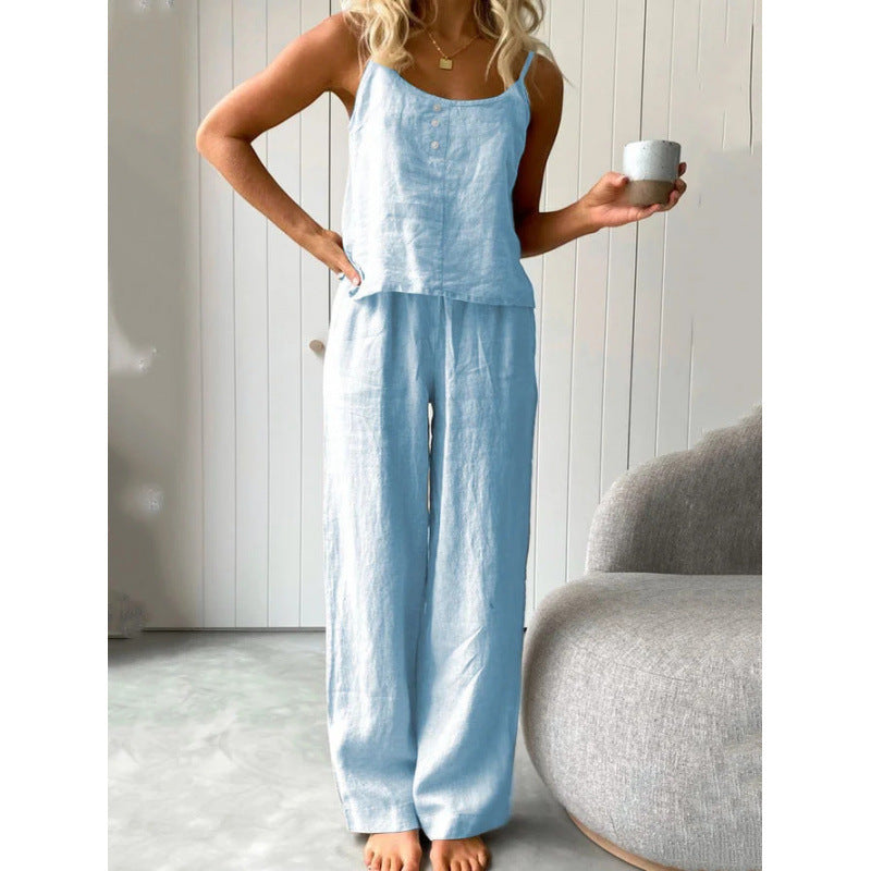 Damen lässiges Leinen-Set mit trägerloser Bluse und weiten Hosen EB