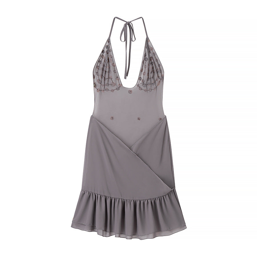 Damen Sommerkleid mit funkelnden Pailletten und voluminösem Saum EB
