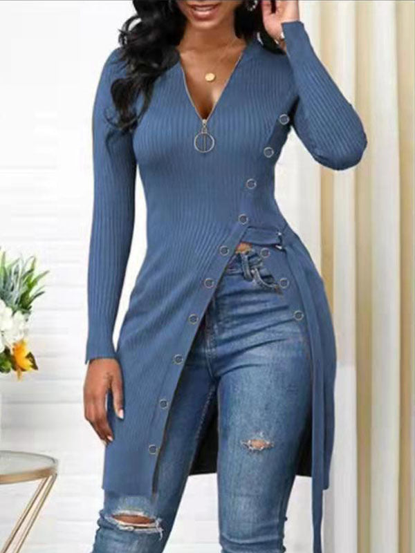 Damen figurbetontes Wickelshirt mit Knopfdetails und tiefem V-Ausschnitt EB